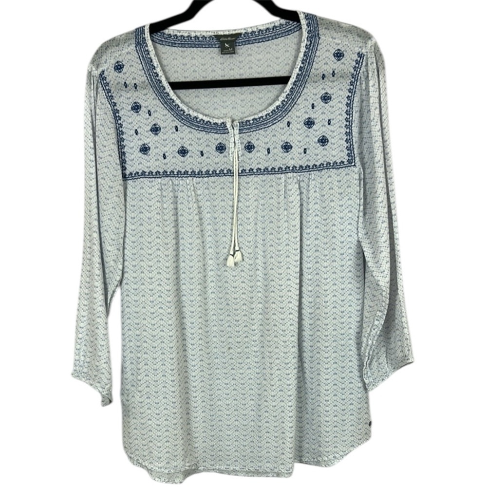 Eddie Bauer Blue and White Embellished Blouse with Bib Collar Size M